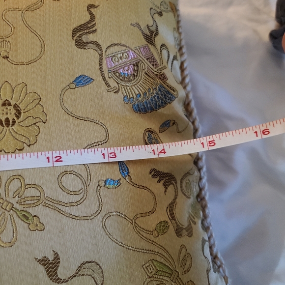 Embroidered silk accent pillow in tan, gold, light blue, pink, 15" square - Picture 9 of 12